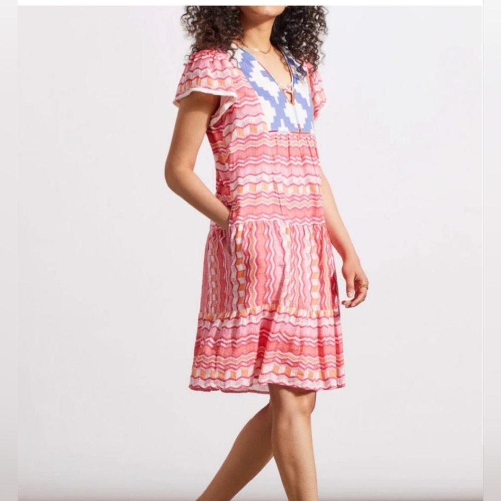 Tribal - Pink Tiered Sundress with Flutter Sleeves - Size Small